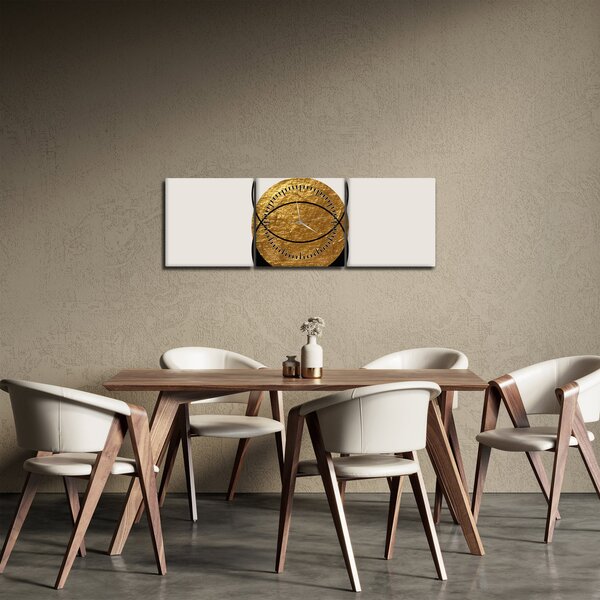 Obraz - Abstrakce zlatá a bílá N⁰2 (s hodinami) (90x30 cm)