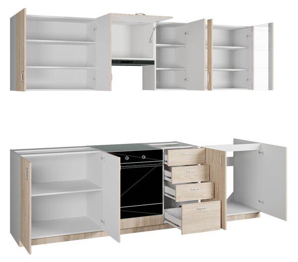 Kuchyně 260/260 cm ROU - dub sonoma / nubian + LED, dřez a příborník ZDARMA
