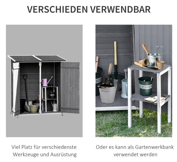 Zahradní skříň Outsunny s 2 dveřmi, kabinet na nářadí s asfaltem kryté zahradní skříň, design proti převržení se zemními hřebíky, jedlové dřevo, šedá+