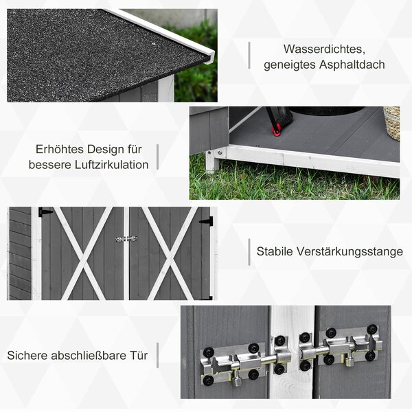 Zahradní skříň Outsunny s 2 dveřmi, kabinet na nářadí s asfaltem kryté zahradní skříň, design proti převržení se zemními hřebíky, jedlové dřevo, šedá+