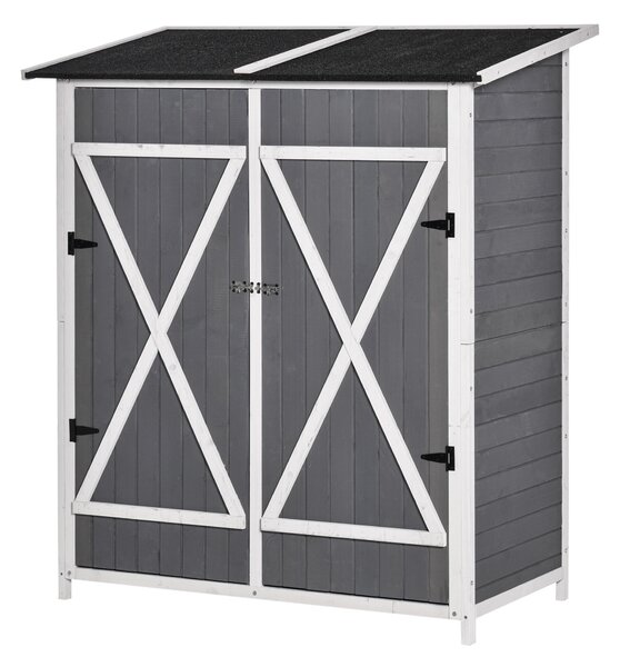 Zahradní skříň Outsunny s 2 dveřmi, kabinet na nářadí s asfaltem kryté zahradní skříň, design proti převržení se zemními hřebíky, jedlové dřevo, šedá+