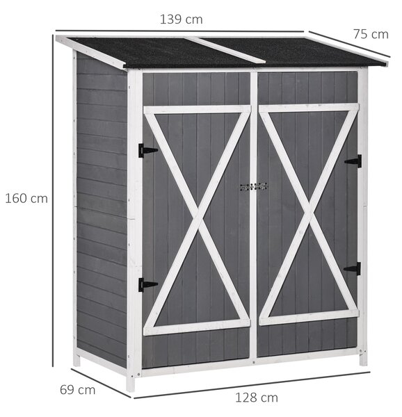 Zahradní skříň Outsunny s 2 dveřmi, kabinet na nářadí s asfaltem kryté zahradní skříň, design proti převržení se zemními hřebíky, jedlové dřevo, šedá+