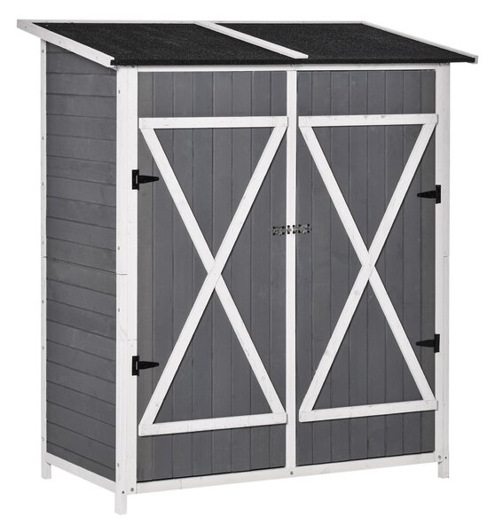 Zahradní skříň Outsunny s 2 dveřmi, kabinet na nářadí s asfaltem kryté zahradní skříň, design proti převržení se zemními hřebíky, jedlové dřevo, šedá+