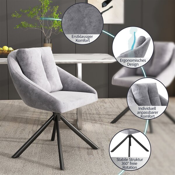 SWeiko jídelní židle sametová židle čalouněná židle otočná židle, prodyšná sametová tkanina, ergonomický design, 2 ks, šedá barva