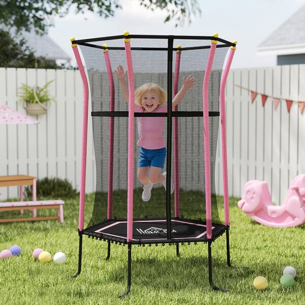 HOMCOM Dětská trampolína Ø163,5 cm, vnitřní trampolína s bezpečnostní sítí a krytem okraje Bungee, dětská trampolína do 50 kg, pro děti 3-10 let Růžov