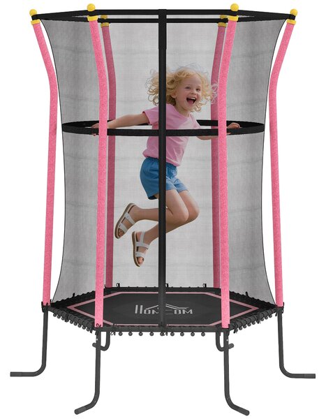 HOMCOM Dětská trampolína Ø163,5 cm, vnitřní trampolína s bezpečnostní sítí a krytem okraje Bungee, dětská trampolína do 50 kg, pro děti 3-10 let Růžov