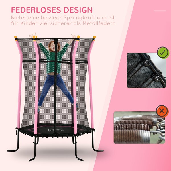 HOMCOM Dětská trampolína Ø163,5 cm, vnitřní trampolína s bezpečnostní sítí a krytem okraje Bungee, dětská trampolína do 50 kg, pro děti 3-10 let Růžov