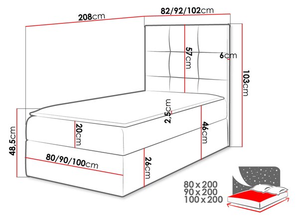 Hotelová jednolůžková postel 80x200 ROSALINDE - bílá ekokůže, levé provedení + topper ZDARMA
