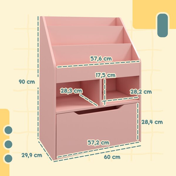 HOMCOM Knihovna pro děti s zásuvkou, 3 police a 2 otevřené police, úložná knihovna do dětského pokoje, herny, růžová, 60 x 29,9 x 90 cm | Aosom