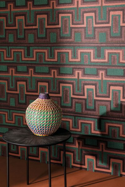 Geometrická vliesová tapeta na zeď, hnědo-zelená, etno, AMA005, Amani, Masureel
