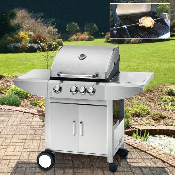 Plynový nerez BBQ gril+boční hořák WELLINGTON +el. jehla-rožeň ZDARMA