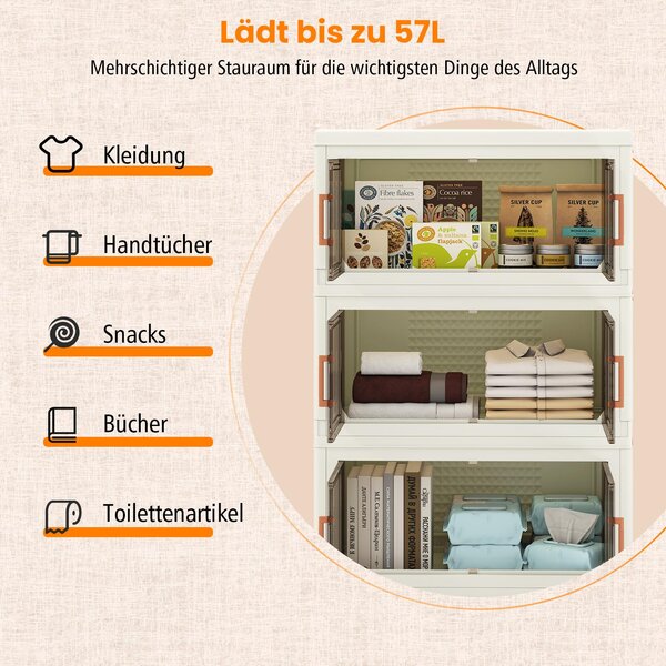 Skládací úložné boxy, 3dílná stohovatelná skříň z plastu, s víkem a dvířky, s kolečky, do ložnice, bílá a hnědá barva