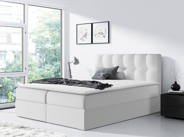 Hotelová manželská postel 140x200 KOLDBY - bílá ekokůže + topper ZDARMA