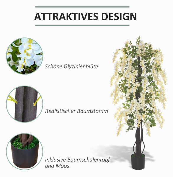 Umělá velká wisteria Outsunny 165 cm, plastové umělé květiny v květináči, falešná rostlina jako skutečná pro moderní dekoraci kanceláře, obývacího pok