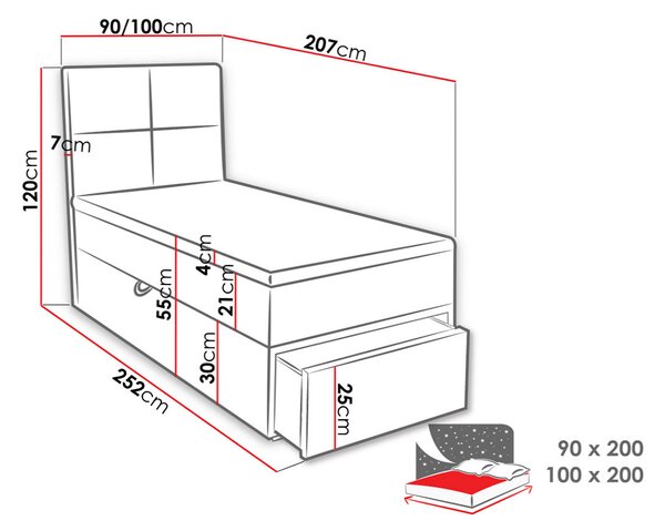 Jednolůžková boxspringová postel 90x200 LUGAU - šedá, levé provedení + topper ZDARMA