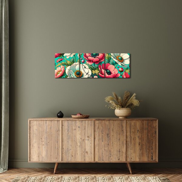 Obraz - Květy na modrém pozadí (s hodinami) (90x30 cm)