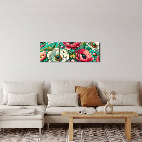 Obraz - Květy na modrém pozadí (s hodinami) (90x30 cm)