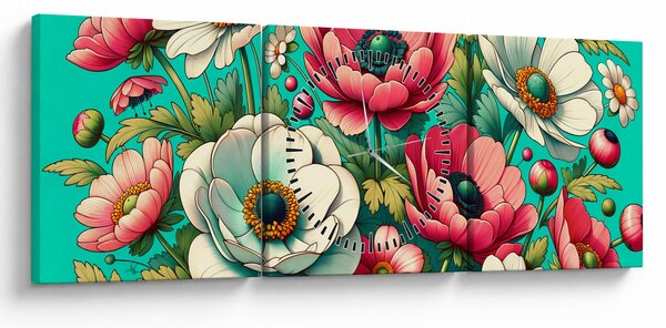 Obraz - Květy na modrém pozadí (s hodinami) (90x30 cm)