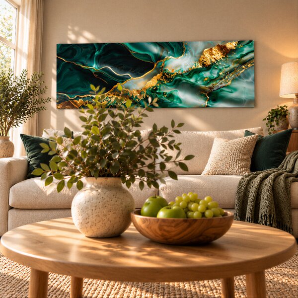 Obraz na plátně - Emeraldové pozlacené vlnky FeelHappy.cz Rozměr obrazu (Šířka x Výška): 240 x 80 cm