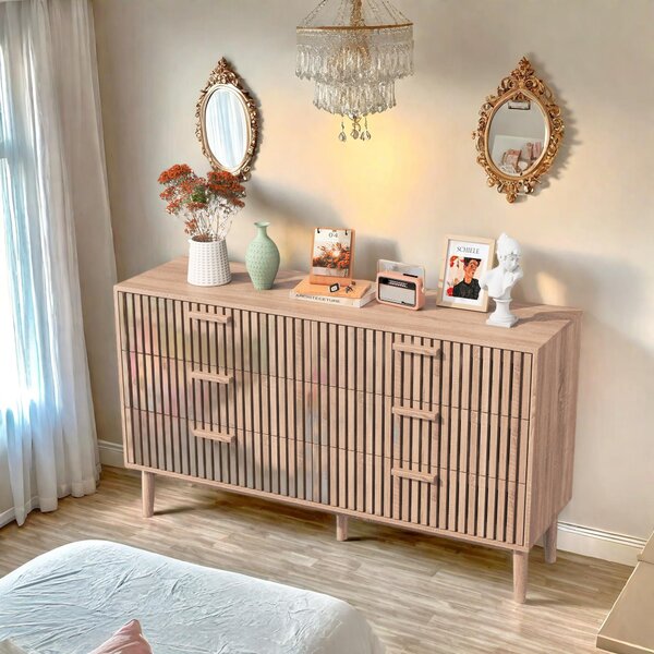 Komoda se 6 zásuvkami z přírodního dřeva, moderní, minimalistický design, velká úložná kapacita, robustní, stabilní konstrukce do ložnice nebo obývacího pokoje