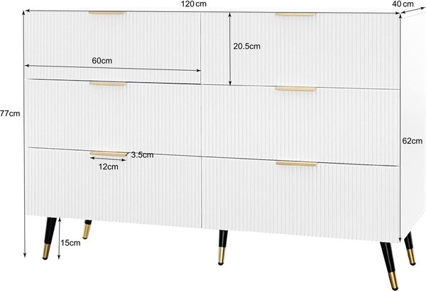 Komoda Flieks se 6 zásuvkami, Elegantní příborník s velkým úložným prostorem, Úložná skříňka do obývacího pokoje, 120x40x77cm, Bílá