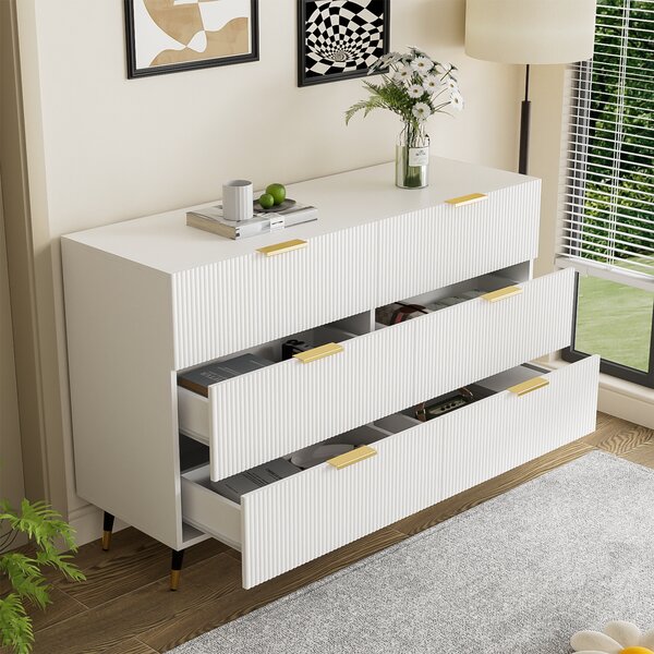 Komoda Flieks se 6 zásuvkami, Elegantní příborník s velkým úložným prostorem, Úložná skříňka do obývacího pokoje, 120x40x77cm, Bílá