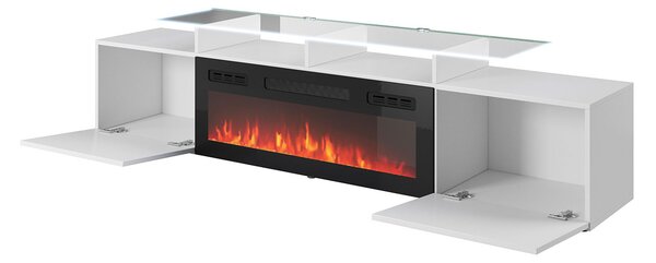 TV stolek s elektrickým krbem OKEMIA - bílý / lesklý bílý + LED osvětlení ZDARMA