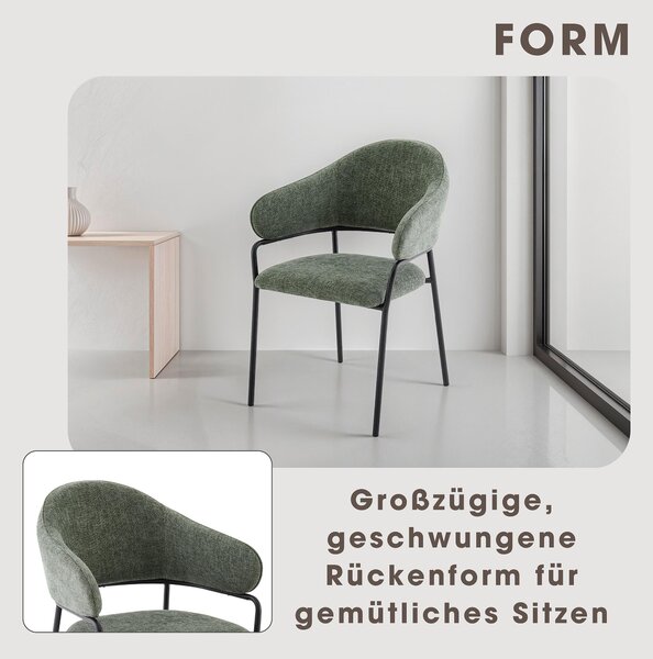 ByLIVING Židle set 2 CURVE / Potah z tkané látky v tmavě zelené barvě, rám v černé barvě / Jídelní židle / Kuchyňská židle / Rozměry: Š 60 x V 86 x H 58 cm