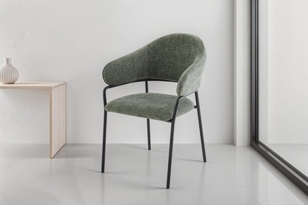 ByLIVING Židle set 2 CURVE / Potah z tkané látky v tmavě zelené barvě, rám v černé barvě / Jídelní židle / Kuchyňská židle / Rozměry: Š 60 x V 86 x H 58 cm