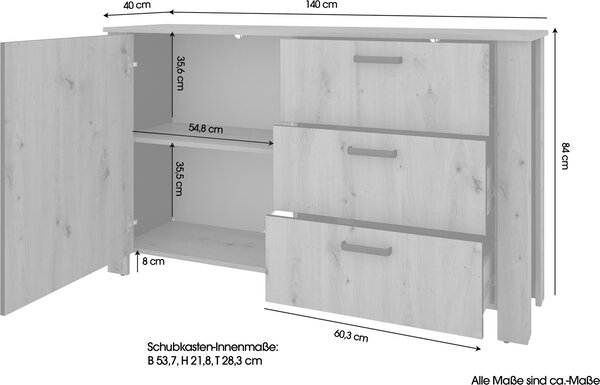 ByLIVING Příborník FARO / Řemeslný dubový vzhled, černá horní deska / 1 dvířka a 3 zásuvky / Nastavitelné police / Spousta úložného prostoru / Komoda / Příborník / Rozměry: š 140, v 84, hl 40 cm
