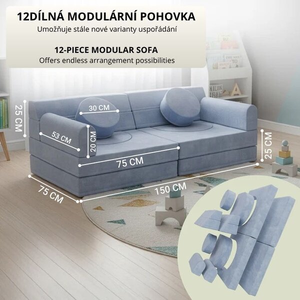 Designová modulární pohovka pro děti 150 cm, světle modrá