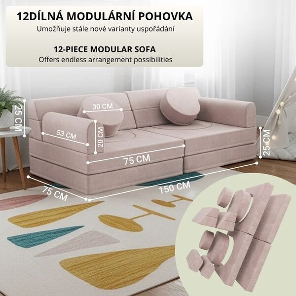 Designová modulární pohovka pro děti 150 cm, pudrová