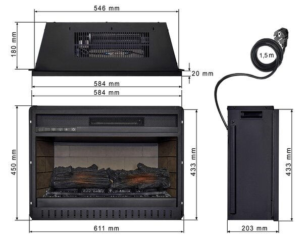 ArtiFlame AF22, elektrický krb do zabudování s topným výkonem 1800 W, realistický efekt plamene, LED osvětlení, dálkové ovládání, časovač, černá barva