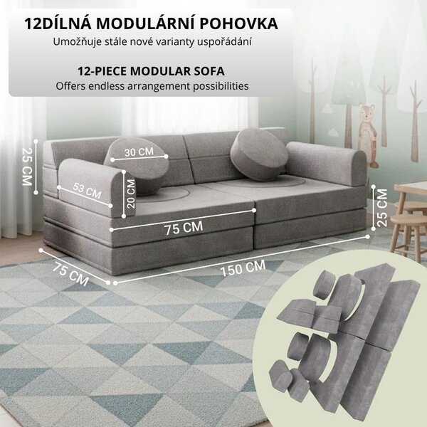 Designová modulární pohovka pro děti 150 cm, šedá