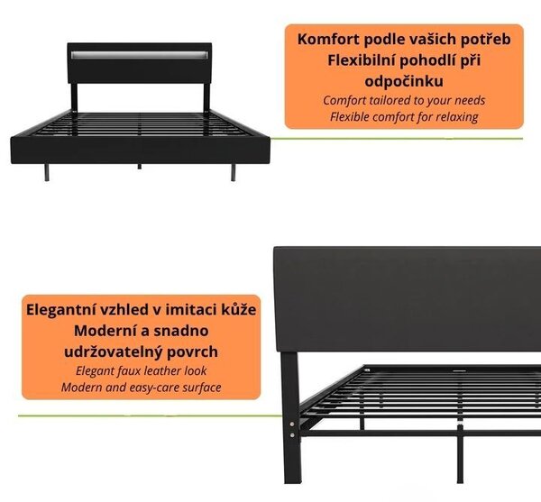 Moderní postel 140 x 200 cm s LED osvětlením, černá