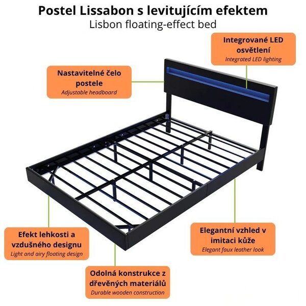 Moderní postel 140 x 200 cm s LED osvětlením, černá