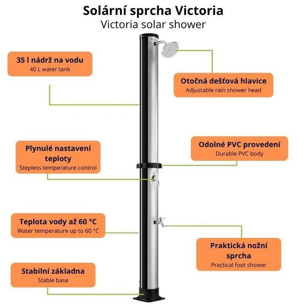 Zahradní solární sprcha 35 l, nožní sprcha, dešťová hlavice