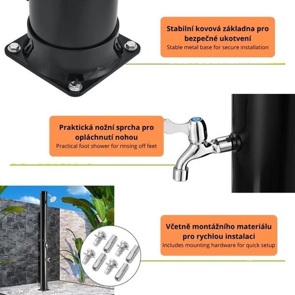 Zahradní solární sprcha 35 l, nožní sprcha, dešťová hlavice