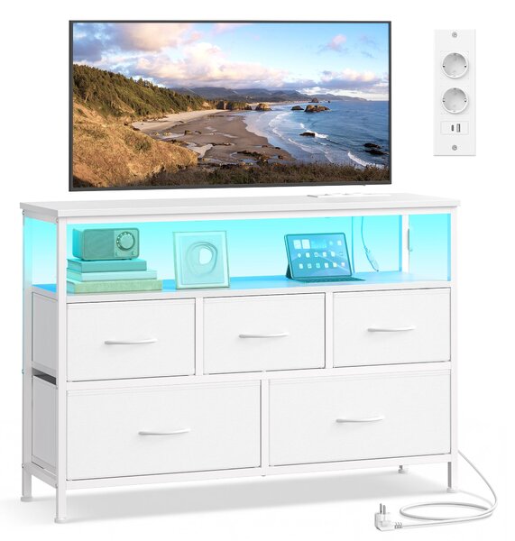 SONGMICS Komoda s LED osvětlením, příborník, skříňka s zásuvkami do obývacího pokoje, s nabíjecí stanicí, 5 zásuvek, bílá