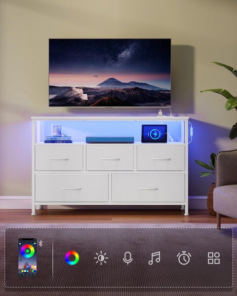 SONGMICS Komoda s LED osvětlením, příborník, skříňka s zásuvkami do obývacího pokoje, s nabíjecí stanicí, 5 zásuvek, bílá