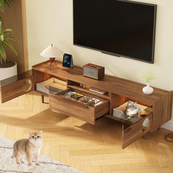 Sweiko Moderní TV skříňka s LED osvětlením - s odpočívadlem pro kočku, podpěrnými pákami, skleněnými dvířky vyztuženými ocelí a 1 zásuvkou (bez polštáře pro kočku), barva ořech, 180 × 40 × 50 cm