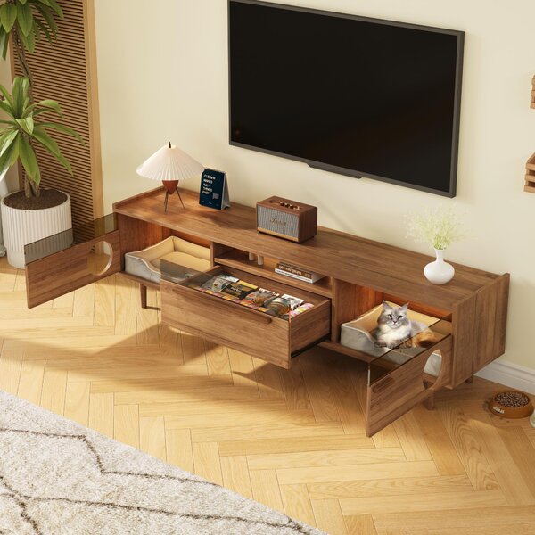 Sweiko Moderní TV skříňka s LED osvětlením - s odpočívadlem pro kočku, podpěrnými pákami, skleněnými dvířky vyztuženými ocelí a 1 zásuvkou (bez polštáře pro kočku), barva ořech, 180 × 40 × 50 cm