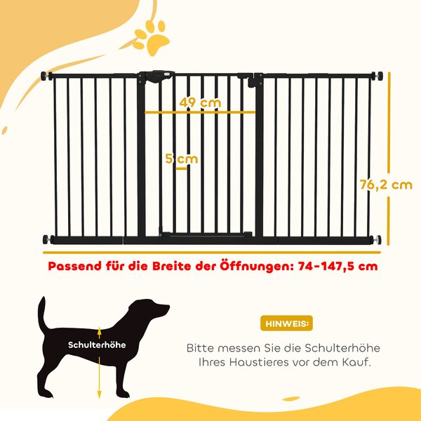 PawHut Bezpečnostní brána pro dveře a schody s prodloužením 17,5/20,3/30,5 cm bez vrtání, sklápěcí na obě strany, kovová černá | Aosom