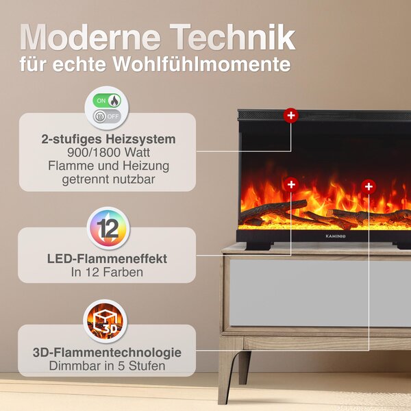 KAMINIO Elektrický krb LEA – Elektrický krb 3 v 1 s panoramatickým výhledem, topením, 3D efektem plamenů, 12 barvami plamenů, dálkovým ovládáním – 24 palců