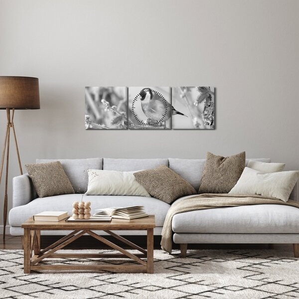 Obraz - Ptáček v zimě (s hodinami) (90x30 cm)