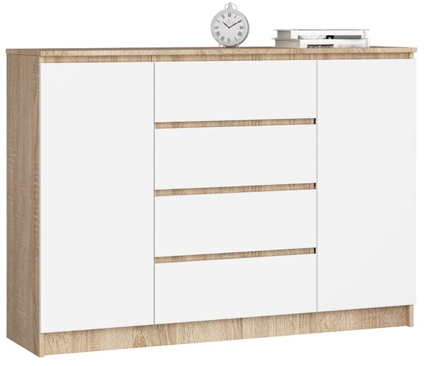 Ak furniture Komoda Kryštof 140 cm 2 skříňky a 4 šuplíky dub sonoma/bílá