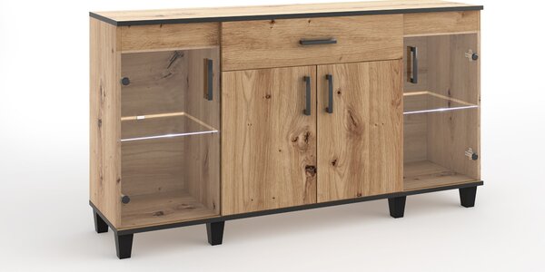 Příborník Komoda Vanessa II skříňky sklo dřevo nábytek obývací pokoj skříň 160 cm bez LED osvětlení (dub Artisan a černá)