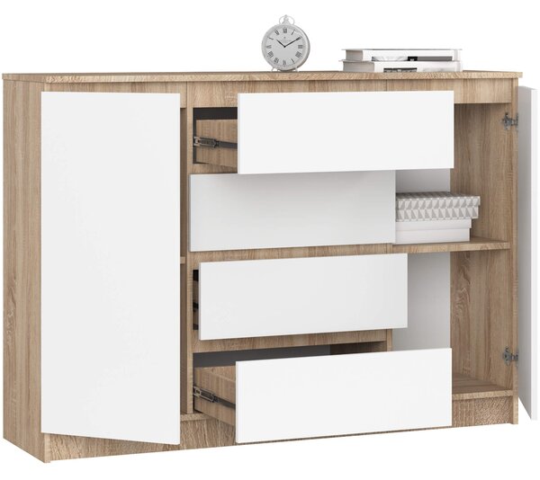 Ak furniture Komoda Kryštof 140 cm 2 skříňky a 4 šuplíky dub sonoma/bílá
