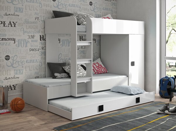 Dětská patrová postel s úložným prostorem Lena - bílá - černé úchyty