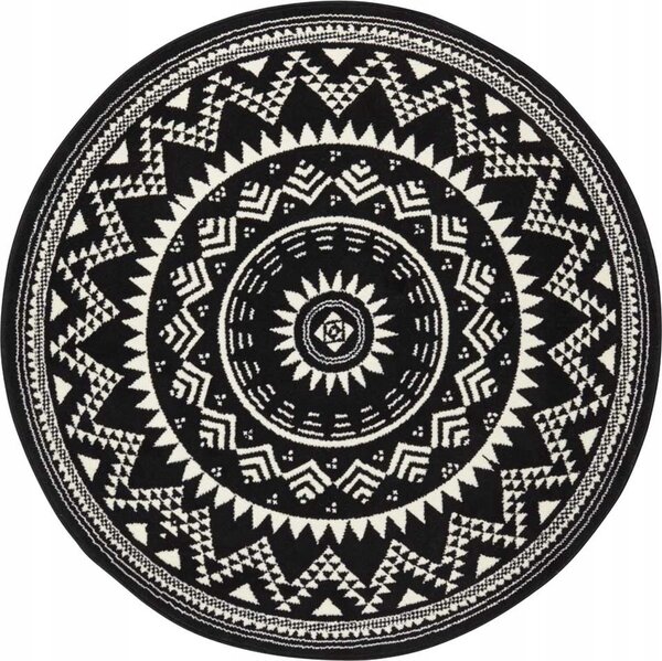 Kulatý moderní koberec do obývacího pokoje, černý a krémový vzor MANDALA, 140 Cm